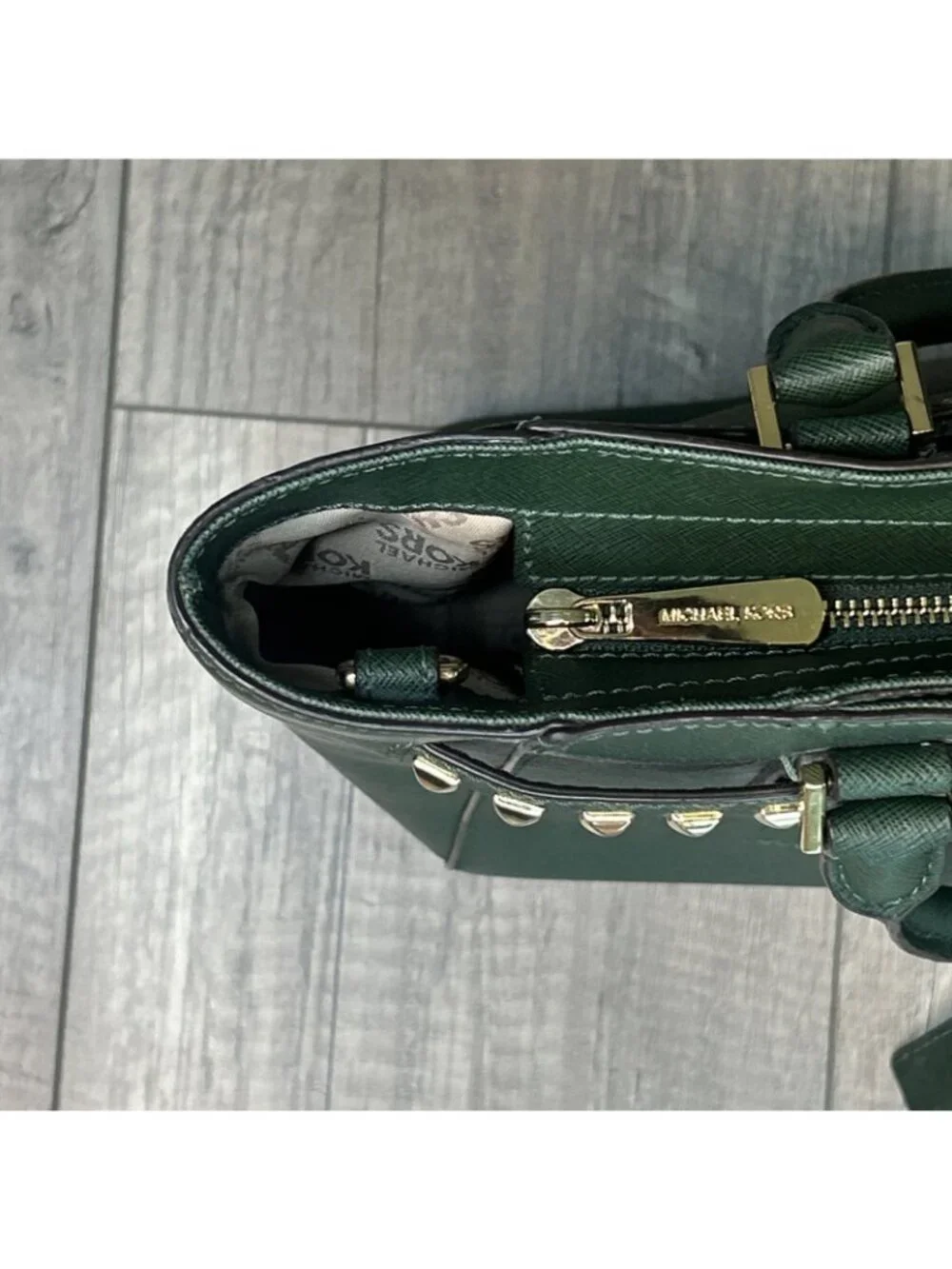 Michael Kors Green Hamilton Gold Studded Saffiano Leather Tote Purse Bag Preppy